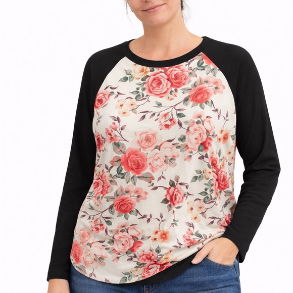 Lightweight Floral Raglan Top Long Sleeve Black Sleeve Floral Tunic - Picture 2 of 4